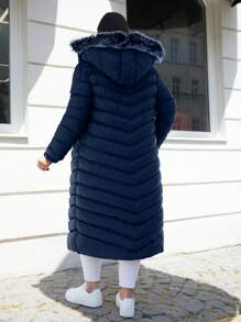 RueChic Plus Size Fuzzy Trim Hooded Zipper Down Coat - Navy Blue - View 2