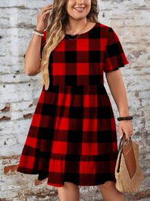 EMERY ROSE Vestido casual de talla grande con estampado de cuadros rojos, corte holgado, cuello redondo y manga corta, adecuado para primavera/verano