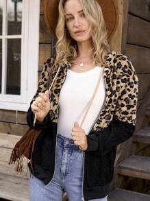 LanaWest 复古豹纹抓绒拉链连帽长袖休闲卫衣，女士款，适合毕业、教师节、返校季等场合，秋季套头衫。 - 彩色 - 查看 4