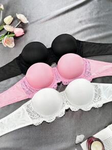 3 件套女士对比色蕾丝抹胸文胸套装，舒适时尚内衣 - 彩色 - 查看 6