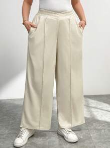 SHEIN Essnce 大码女装秋季女装商务休闲女装新款时尚休闲通勤纹理面料纯黑色阔腿裤、长裤、口袋正装裤。休闲裤、工装女裤、宽松女裤、女士正装裤、秋裤 - 杏色 - 查看 1