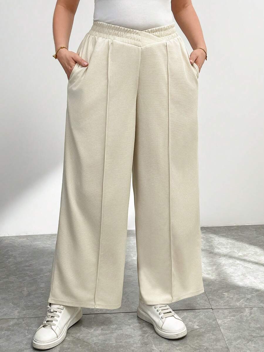 SHEIN Essnce 大码女装秋季女装商务休闲女装新款时尚休闲通勤纹理面料纯黑色阔腿裤、长裤、口袋正装裤。休闲裤、工装女裤、宽松女裤、女士正装裤、秋裤 - 杏色 - 查看 1