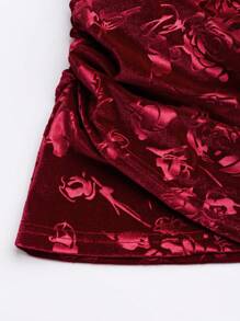 SHEIN Unity Women Sexy Floral Furry Patchwork Strapless Party Mini Dress - Burgundy - View 5
