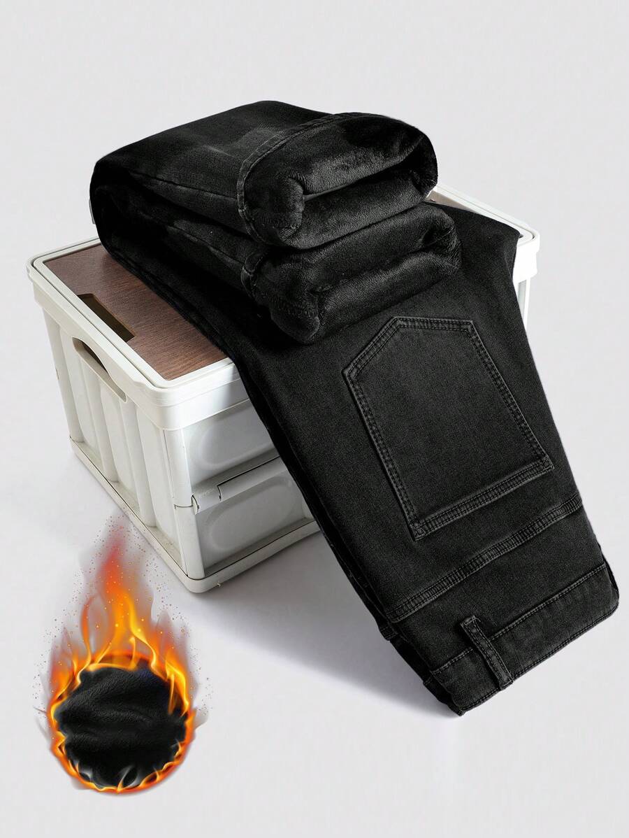 Manfinity Homme 男士简约时尚休闲保暖牛仔裤，适合日常穿着 - 黑色 - 查看 1