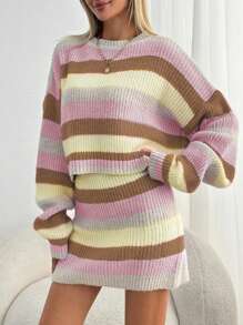EURMUSE Woman Gradient Color Sweater And Mini Skirt Two Piece Sweater Co-Ords Fall Winter Warm Touch - Multicolor - View 6