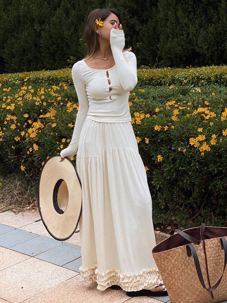 2 Pieces Set Solid Color Fitted Long Sleeve T-Shirt With Flounce Hem A-Line Long Dress For Women,Ruffle,Fall Clothes