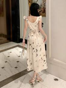 DAZY Robe midi à col carré à fleurs avec volant pour femmes, robe de soirée