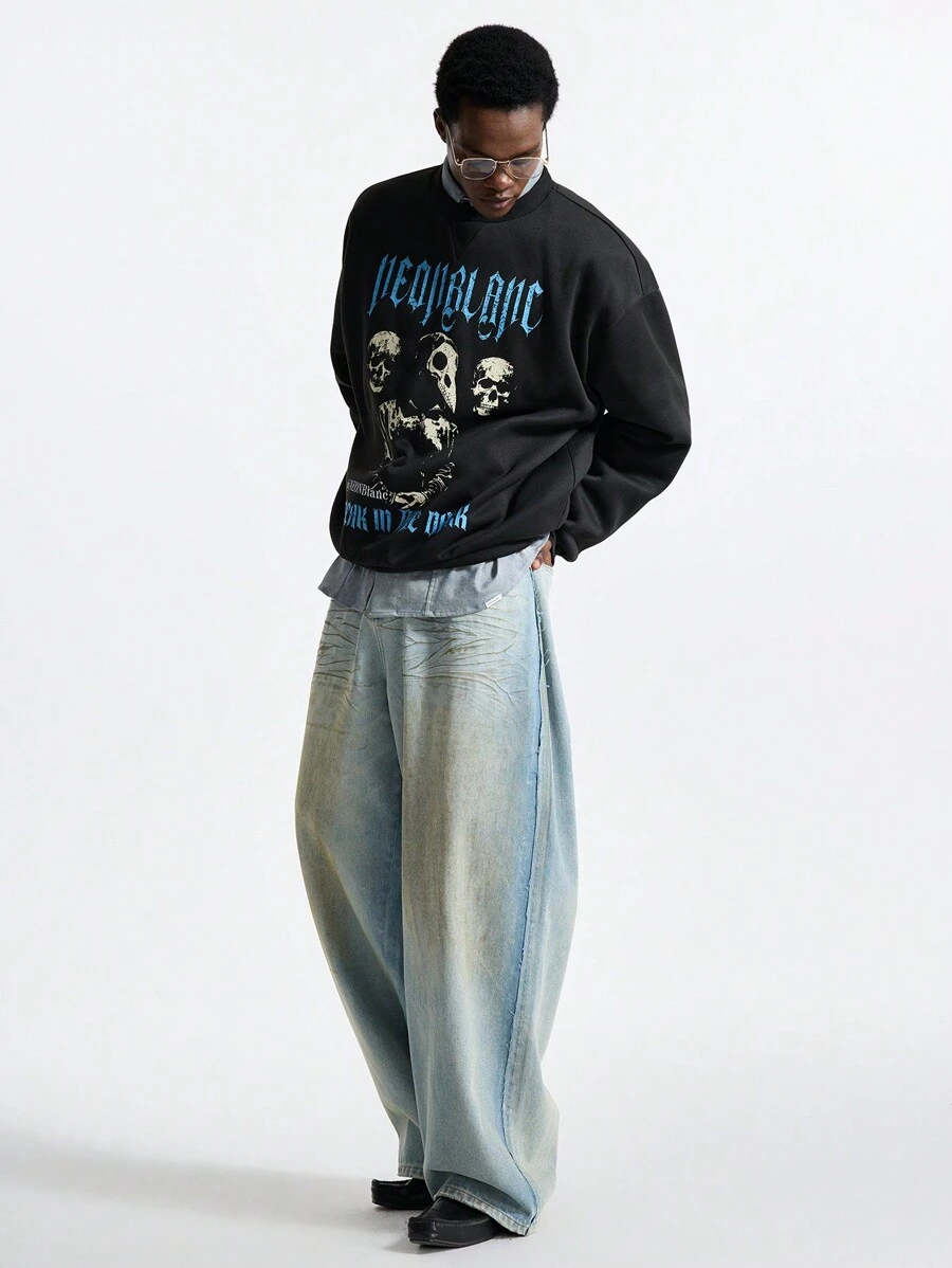 NEON BLANC Men's Street Style Light Blue Fashion Loose Fit Wide Leg Long Denim Jeans