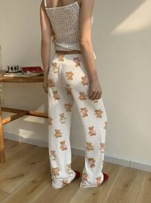 SHEIN EZwear 女士熊与心形图案纹理宽松舒适休闲长裤，适合秋冬季 - 白色 - 查看 2