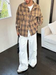 SHEIN EZwear Women Plaid Drop Shoulder Long Sleeve Single-Breasted Cargo Pocket Casual Jacket, Autumn - Yellow - View 4