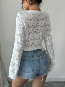 Chiquease 新款宽松针织镂空系带休闲开衫，轻薄女式薄针织前开外套 - 白色 - 查看 2