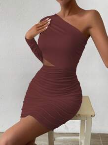 Allurite Đầm ôm body ngắn tay dài bất đối xứng màu trơn xẻ eo cho nữ - Gỗ đỏ - Xem 5
