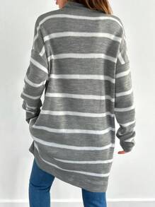 RueChic Áo len sọc dài tay có khóa kéo cho nữ, thời trang tối giản, mặc thường ngày - Xám - Xem 2