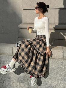 FRIFUL 女士简约时尚休闲日常格子裙，荷叶边，返校季服装 - 棕色 - 查看 2