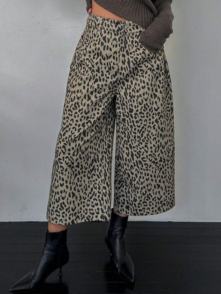 Women's Loose Fit Leopard Print 3/4 Pants With Pockets Cheetah Print