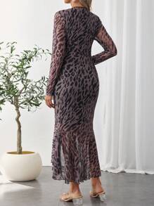 SHEIN Maternity Elegant Leopard Print Overlap V-Neck Long Sleeve Ruffle Hem Dress - Multicolor - View 3