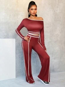 BamGleam 2pcs Women Set: Contrast Trim Asymmetric Neck Long Sleeve Top And Pants - Red - View 3