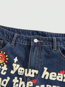 ROMWE MEN Street Life 男式前扣口袋骷髅印花休闲牛仔裤 - 藍色 - 查看 4