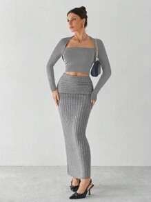 SHEIN Tall Women's Solid Color Fish Tail Hemline Long Sweater Skirt, Autumn/Winter, Tall Women - Grey - View 3