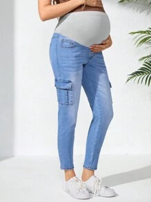 SHEIN Adjustable Waist Work Pockets Skinny Maternity Casual Jeans - Light Wash - View 4