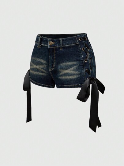 Kawaii Y2K Bowknot Side Tie Decor Low Waist Denim Mini Shorts