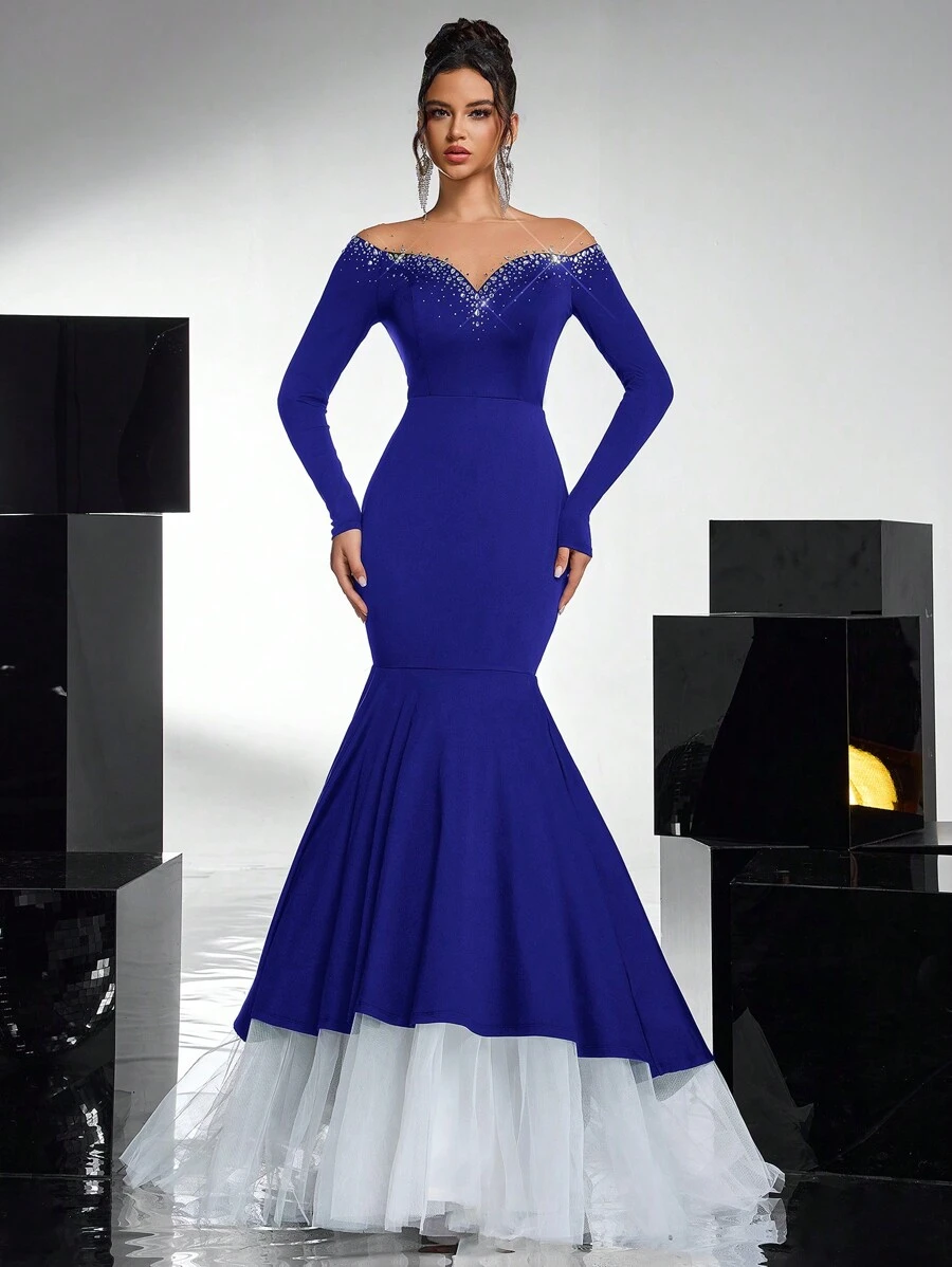 Glamrae 优雅撞色网眼领口奢华水钻装饰鱼尾下摆网眼拼布哥特式婚纱、正式晚礼服、婚礼宾客礼服、派对礼服 - 寶藍色 - 查看 1