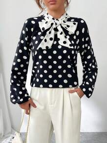 SHEIN Privé Blusa con mangas de linterna, cuello de corbata y lunares, blusas de manga larga - Blanco y Negro - Ver 4