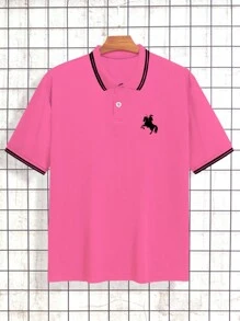 Manfinity Dauomo Men's Solid Color Patchwork Front Button Casual Polo Shirt, Short Sleeve