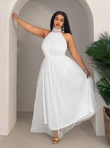 Slaydiva Plus Size Women's Elegant Wedding Big A-Line Puff Backless Dress - White - View 4