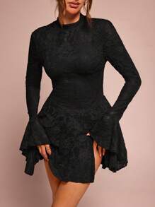 SHEIN BAE Solid Red Sexy Minimalist Long Sleeve Mock Neck Fitted Lace Puff Dress With Backless Hollow Design, Suitable For Cocktail Party, Romantic Date, Autumn/Winter Base Layer, Party, Formal Gathering, Night Out, Wedding Guest Dress,Valentine's Day,Valentine Outfits For Women - Black - View 4