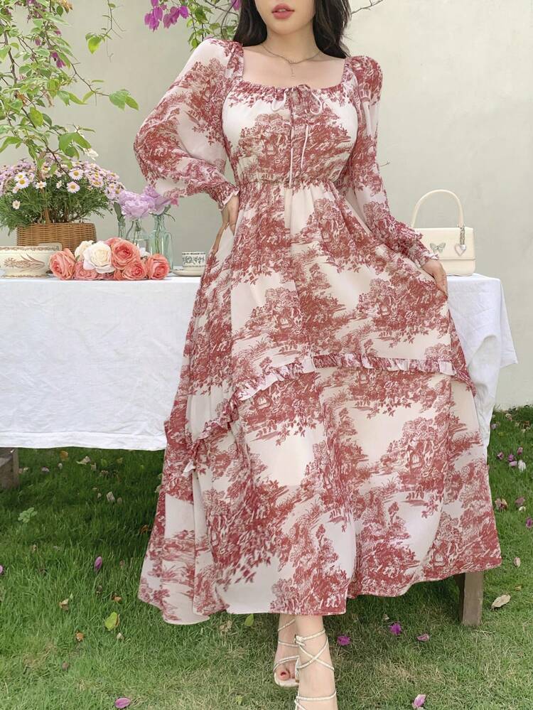 Women's Midi Drawstring Dress With Lantern Sleeves, Floral Print,Fall Dress Long Sleeve Dress Boho