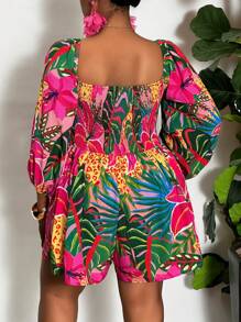 Slaydiva 大码女式热带花卉印花露肩连体裤，度假风格