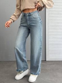 SHEIN High Waist Ripped Hem Straight Jean Simple Fashionable Daily Casual