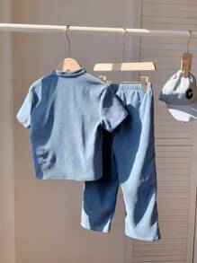 2 Stücke Set Kleine Jungen Lässig Süß Grafik Kurzarm Strickjacke Hemd und Hose Outfit, geeignet für Frühling, Sommer, Herbst, Winter Lässig, Hauskleidung, Schule, Sport - Graublau - Übersicht 3