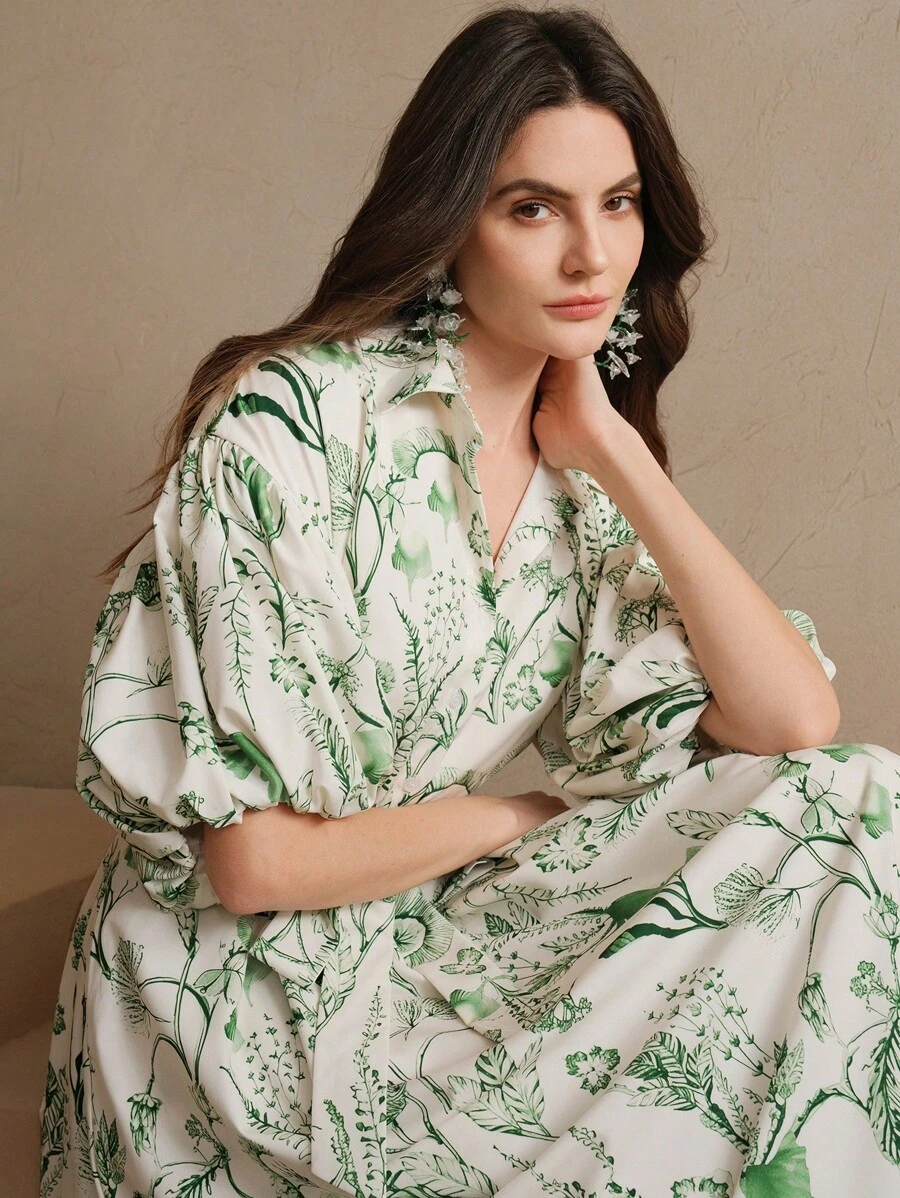 Anewsta Vacation Romantic Casual Floral Print Green Loose Flare Dress ...