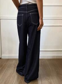 DAZY Quần Jeans Ống Rộng Rộng Có Thắt Lưng Họa Tiết Khâu Màu Tương Phản Dành Cho Nữ - Màu xanh lam - Xem 2