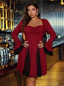 Celure Vestido de cuello cuadrado con encaje y mangas acampanadas, color rojo, ideal para el Día de San Valentín y el Año Nuevo