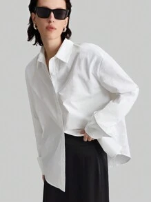 Ontre 都市风格衬衫，白色衬衫长袖领口设计女式衬衫，米色宽肩带袖造型都市现代衬衫 - 白色 - 查看 3