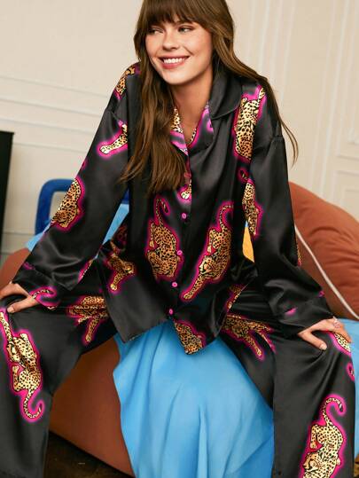 Chillnights Leopard Print Sleepwear Set, Button-Up Shirt And Pants For Women Holiday Season  Cozy And Elegant Details, Fall Clothes