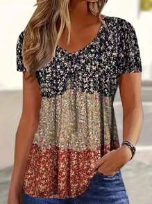 Plus Size Women V-Neck Casual Random Ditsy Floral Short Sleeve Top, For Summer