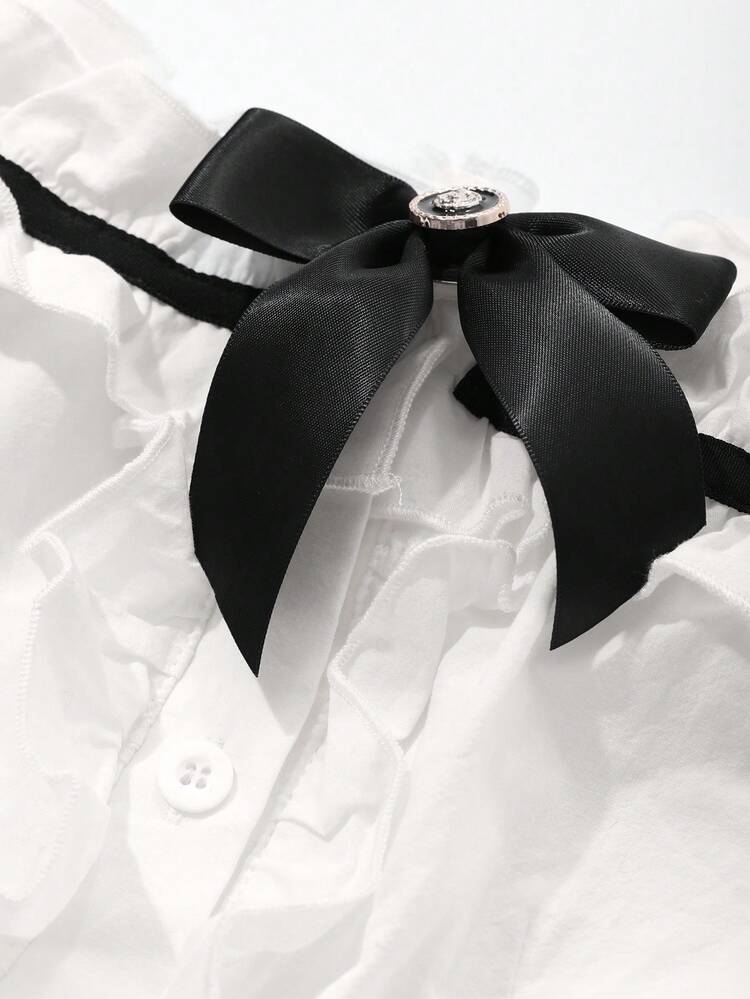 Women's Off Shoulder Contrast Color Tie Bow Long Sleeve Blouse,Fall Women Clothes