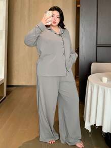 Dazy Plus Solid Color Turndown Collar Loose Pajamas Set, Sleepwear All Season - Grey - View 8