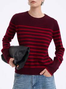 SHEIN LUNE Suéter de punto de cuello redondo a rayas, sencillo y casual, para mujer, para otoño e invierno - Granate - Ver 1