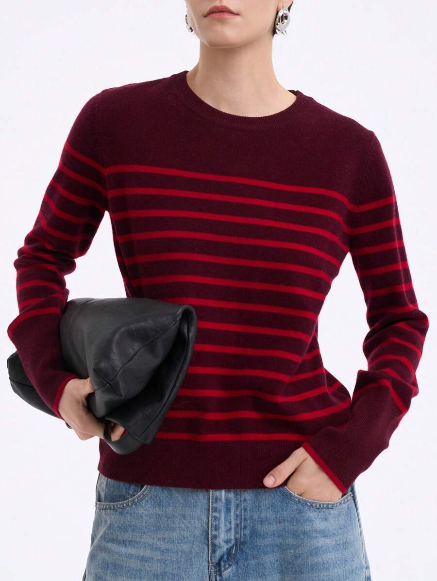 SHEIN LUNE Áo len dệt kim cổ tròn kẻ sọc đơn giản dành cho nữ mùa thu đông - Màu Tím - Xem 1