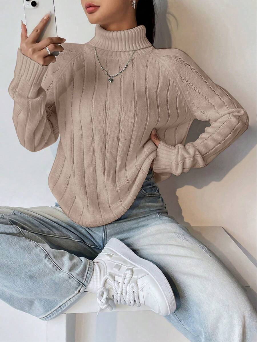 SHEIN Unity Women's Solid Color Turtleneck Long Sleeve Simple Casual Top Knit Pullover Fall Winter Sweater - Dusty Pink - View 1