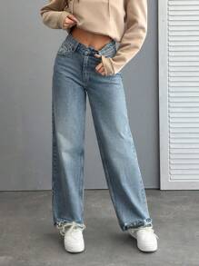SHEIN High Waist Ripped Hem Straight Jean Simple Fashionable Daily Casual