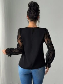 SHEIN Unity Women's Regular Woven Round Neck Solid Color Long Sleeve Shirt With Contrast Lace, Suitable For Spring - Black - View 2