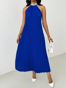 SHEIN Unity Women's Elegant Sequins Decor Sleeveless Pleated Maxi Dress, Blue, Spring/Summer - Blue - View 4