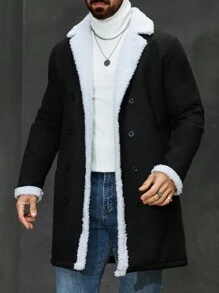 Manfinity Roghcode Men's Front Button Closure Long Sleeve Fuzzy Splicing Casual Jacket,Turtleneck Men,Winter Men Clothes,Men Flannel - Black - View 3