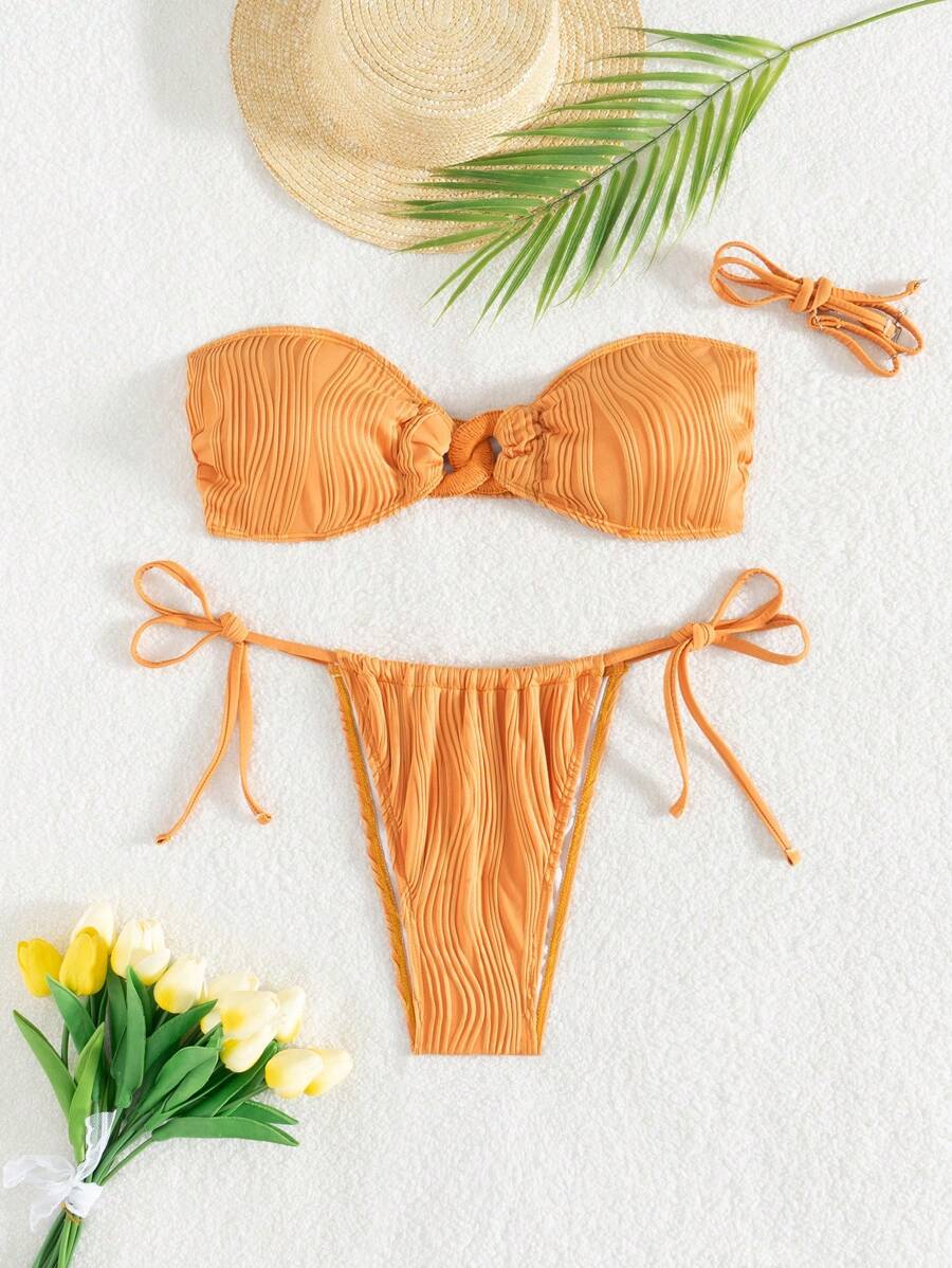 SHEIN Swim 夏季 2 件套女式纹理面料抹胸上衣，配有可拆卸肩带和链条装饰性感比基尼套装